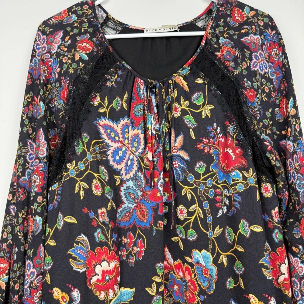 Alice + Olivia Lakita Floral Lace Trim Boho‎ Dress Black Multicolor Tiered Large - Picture 4 of 16